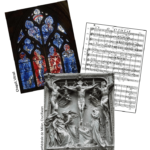 Trois œuvres d'art : un vitrail de Chagall, une crucifixion sculptée de la cathédrale de Milan et une partition de musique